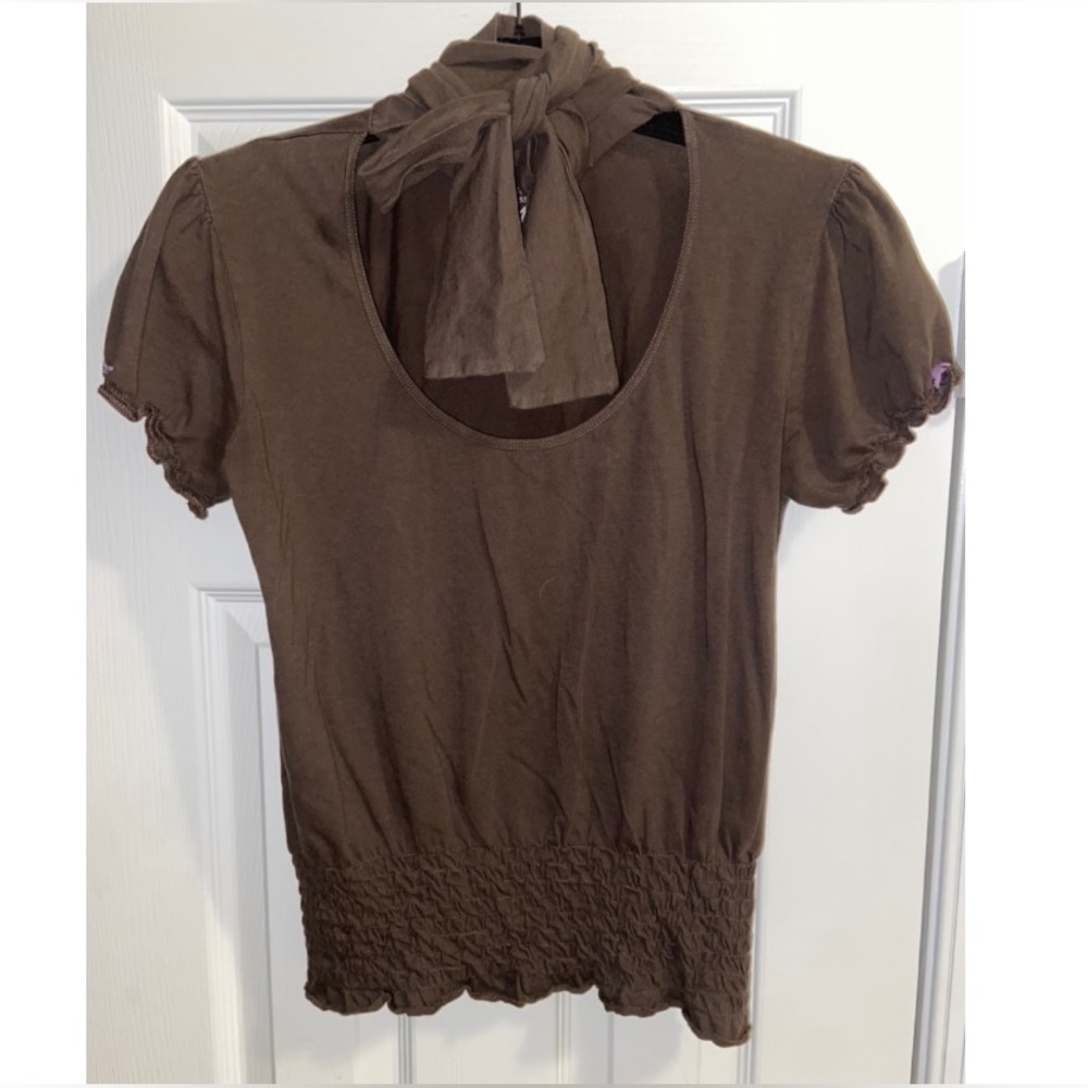 Project E Vintage Brown Short Sleeve Scarf Tie Style Blouse Top Medium